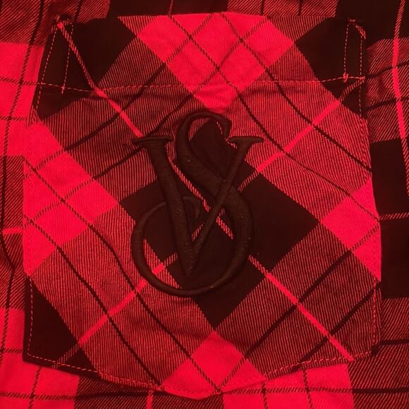 Victoria Secret Small Pajama Top Red Black Plaid Embroidered Chest Pocket - Picture 3 of 7